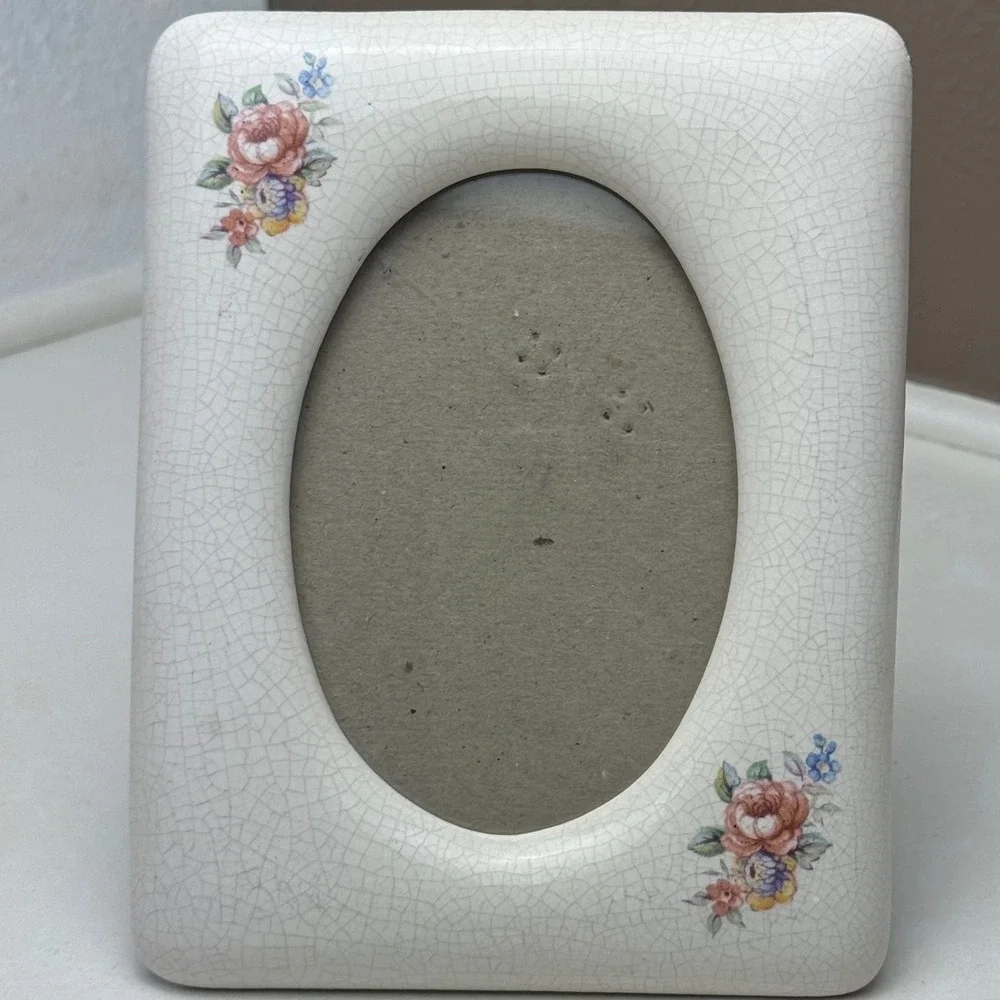 Vintage Ceramic Crackle Glaze‎ Floral Grandmacore Picture Frame Cream 5x6.5